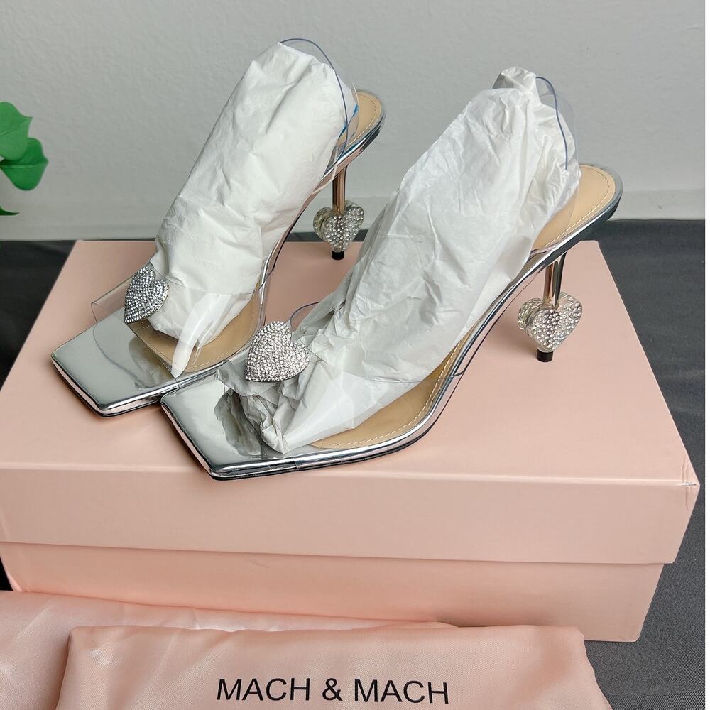 NEW! Mach & Mach PVC Crystal Heart Square Toe Sandals